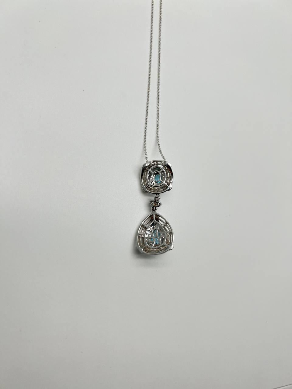 Fancy Blue Topaz White Diamond Halo 14K White Gold Fancy Drop Pendant Necklace