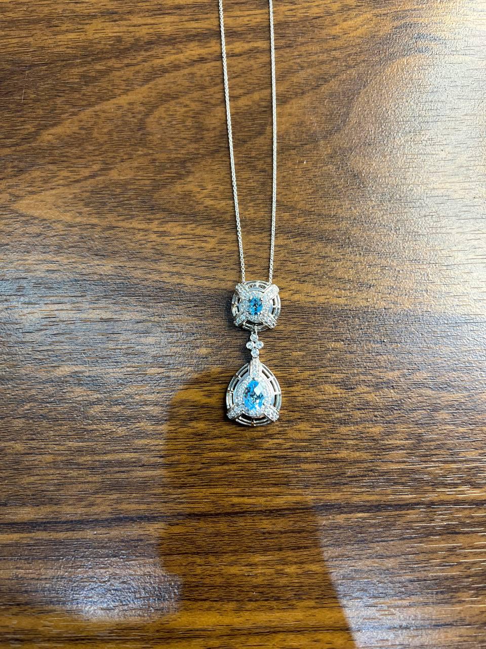 Fancy Blue Topaz White Diamond Halo 14K White Gold Fancy Drop Pendant Necklace