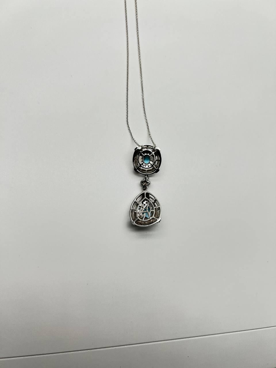 Fancy Blue Topaz White Diamond Halo 14K White Gold Fancy Drop Pendant Necklace