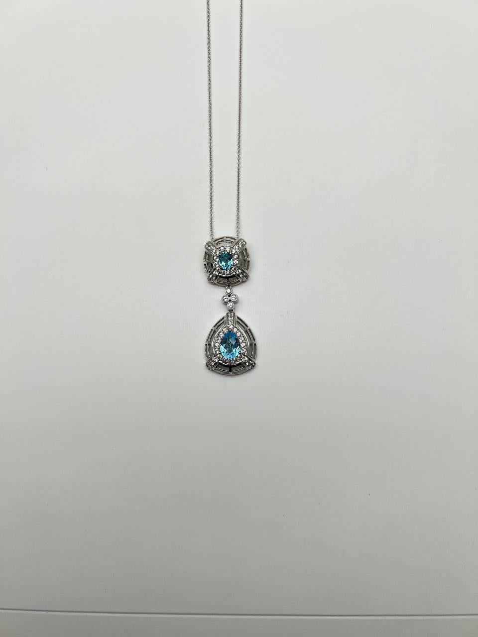 Fancy Blue Topaz White Diamond Halo 14K White Gold Fancy Drop Pendant Necklace