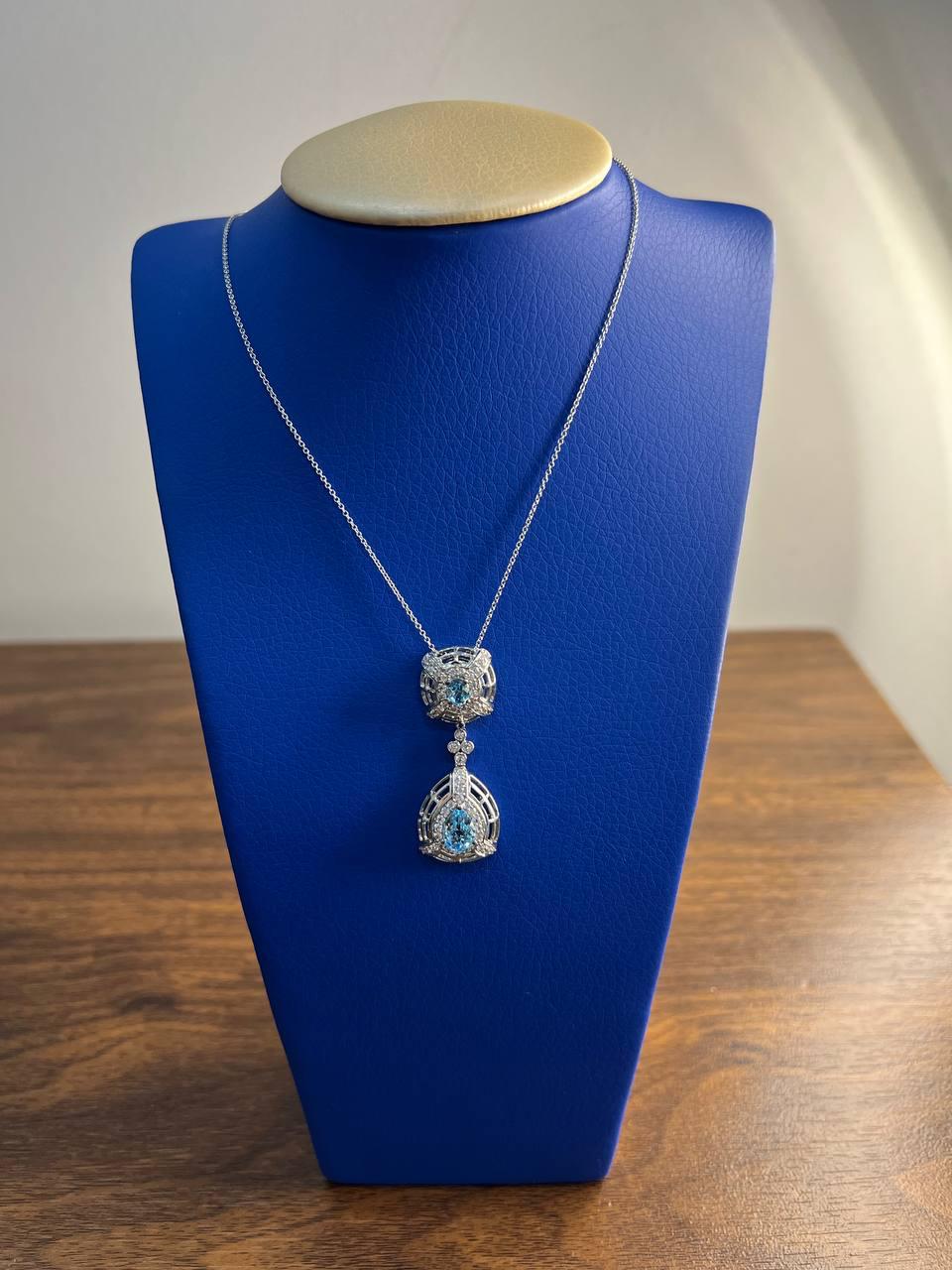 Fancy Blue Topaz White Diamond Halo 14K White Gold Fancy Drop Pendant Necklace