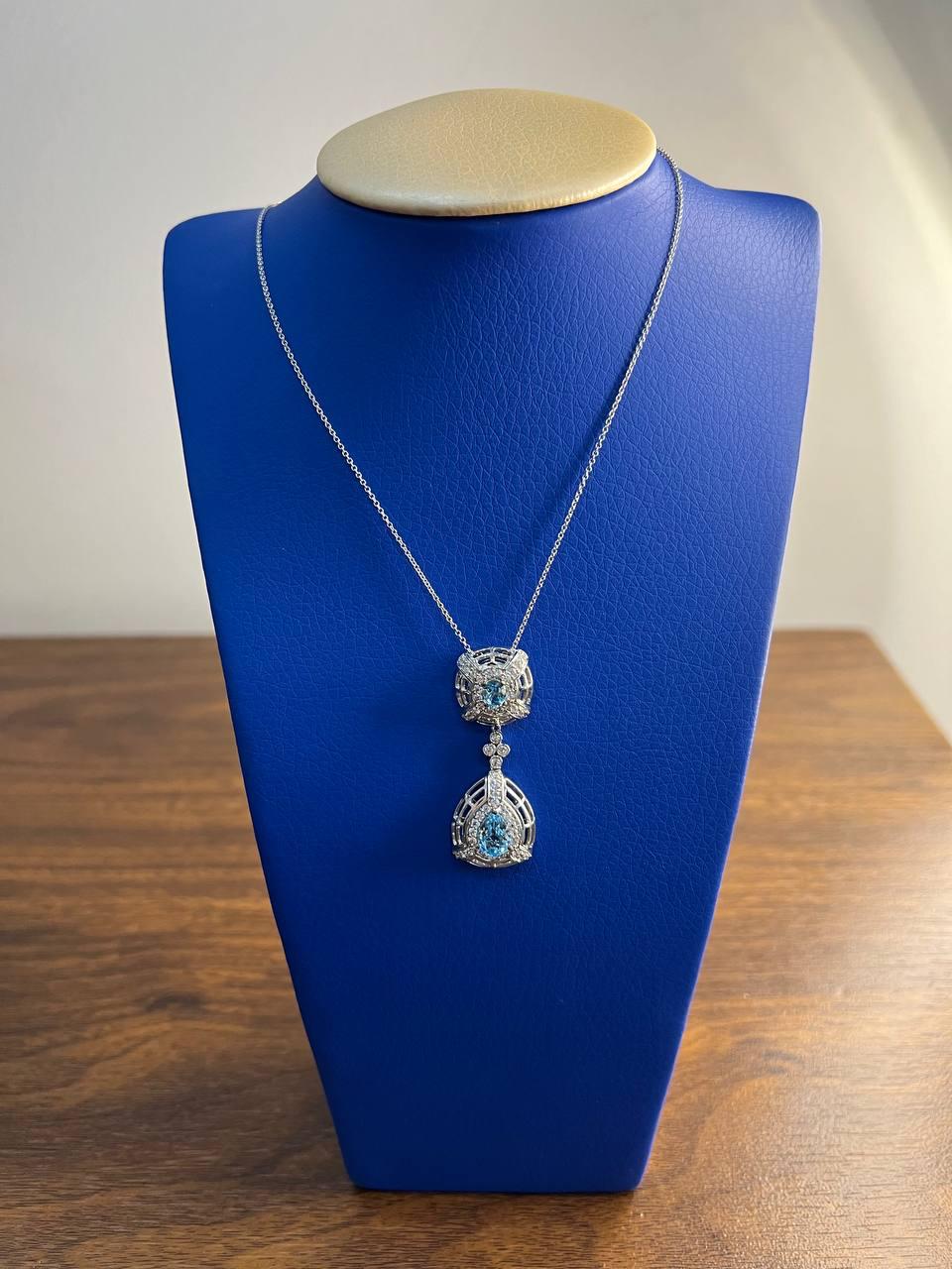 Fancy Blue Topaz White Diamond Halo 14K White Gold Fancy Drop Pendant Necklace