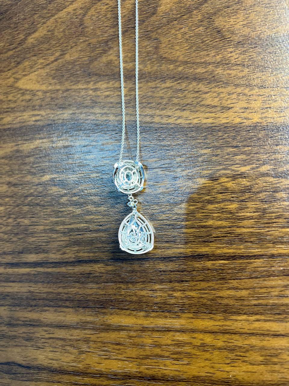 Fancy Blue Topaz White Diamond Halo 14K White Gold Fancy Drop Pendant Necklace