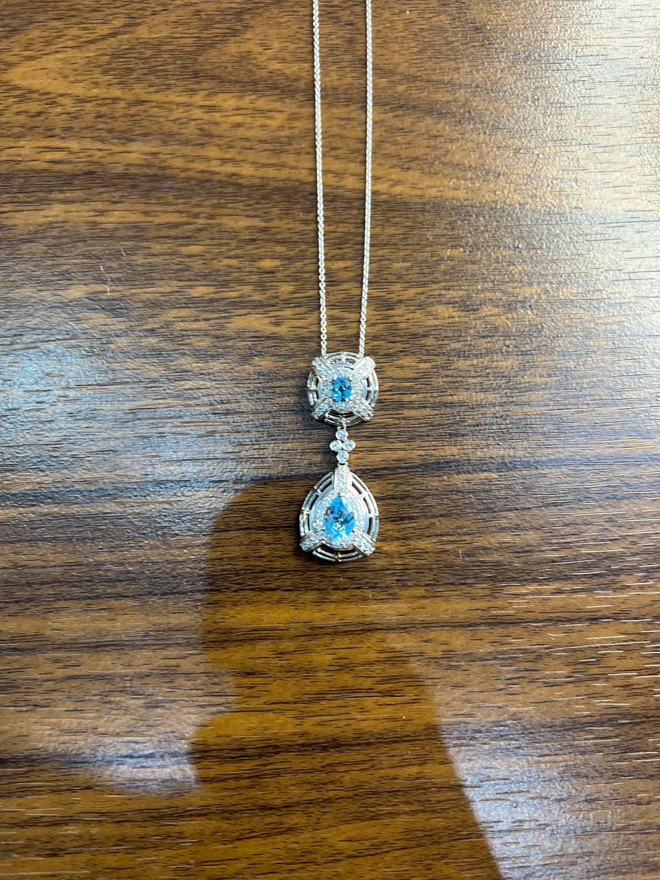 Fancy Blue Topaz White Diamond Halo 14K White Gold Fancy Drop Pendant Necklace