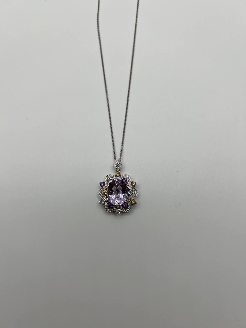 Violet Amethyst Halo Diamonds Citrine Blue Topaz 14K White Gold Pendant Necklace