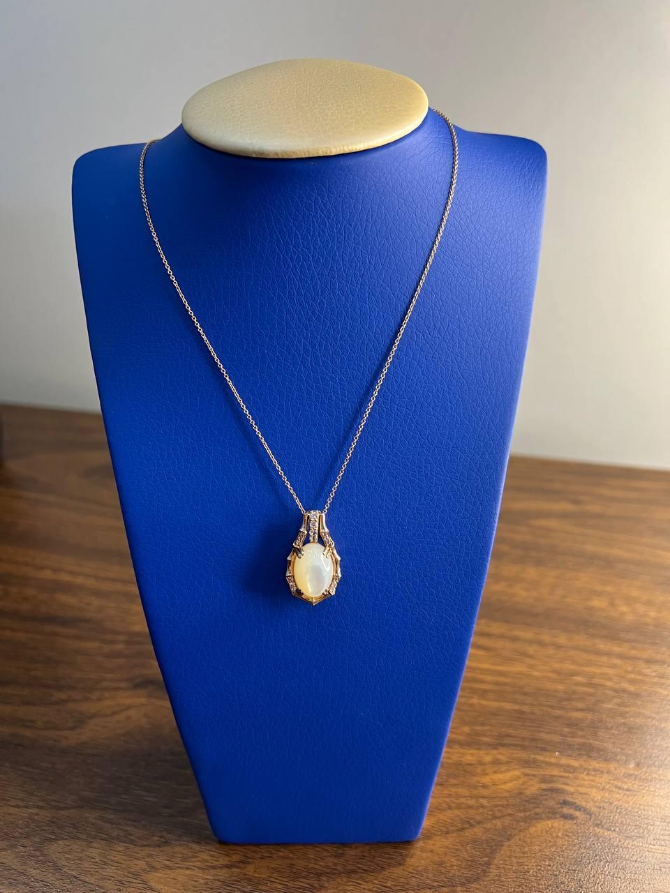 White Mother of Pearl Diamond Bamboo Detail 14K Rose Gold Pendant Chain Necklace