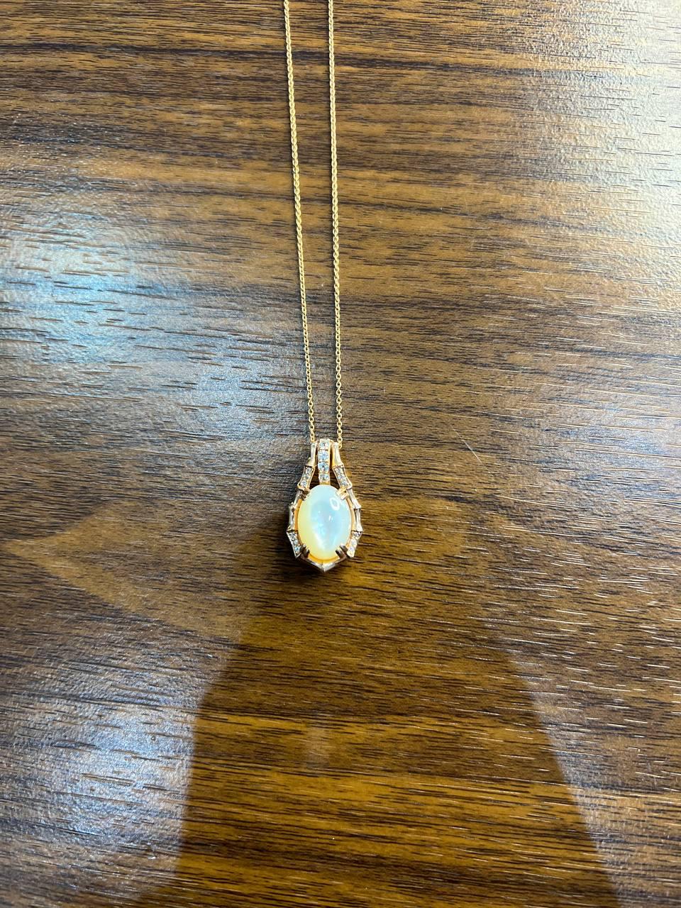 White Mother of Pearl Diamond Bamboo Detail 14K Rose Gold Pendant Chain Necklace
