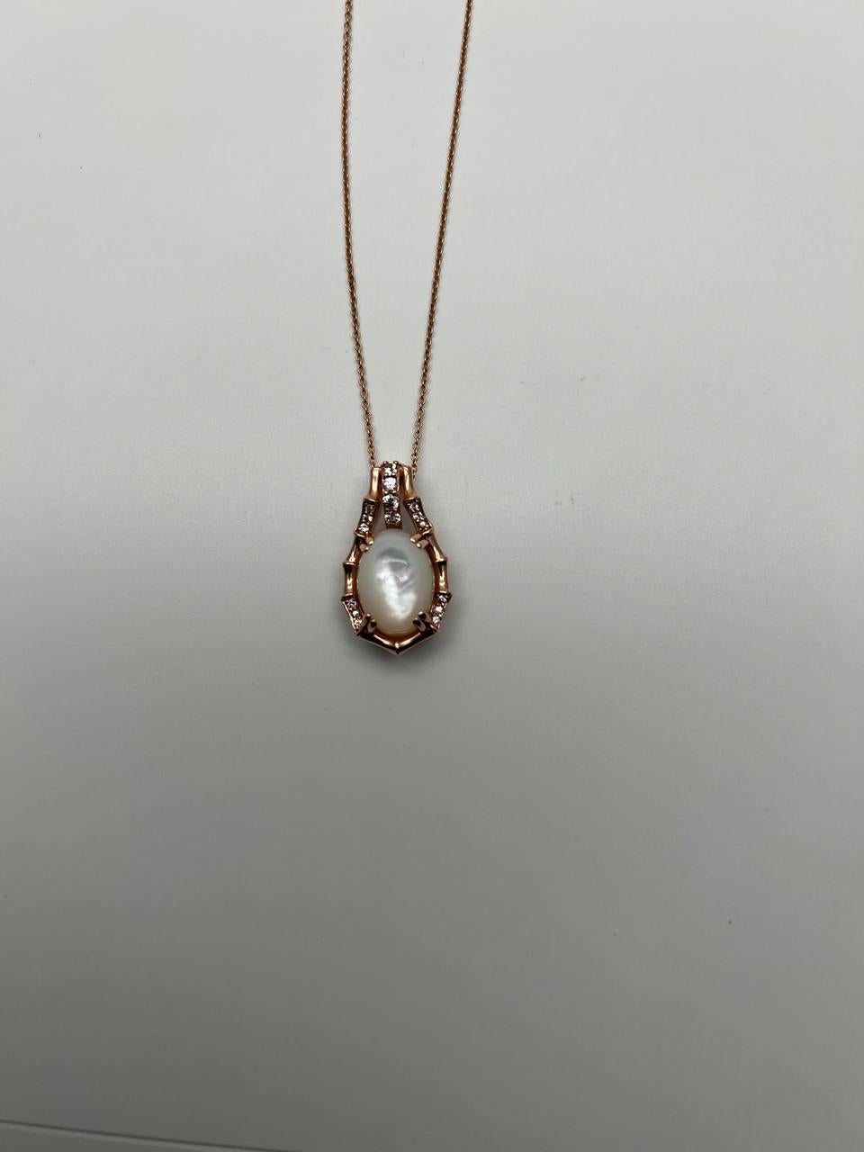 White Mother of Pearl Diamond Bamboo Detail 14K Rose Gold Pendant Chain Necklace