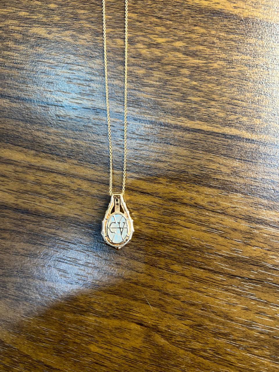 White Mother of Pearl Diamond Bamboo Detail 14K Rose Gold Pendant Chain Necklace
