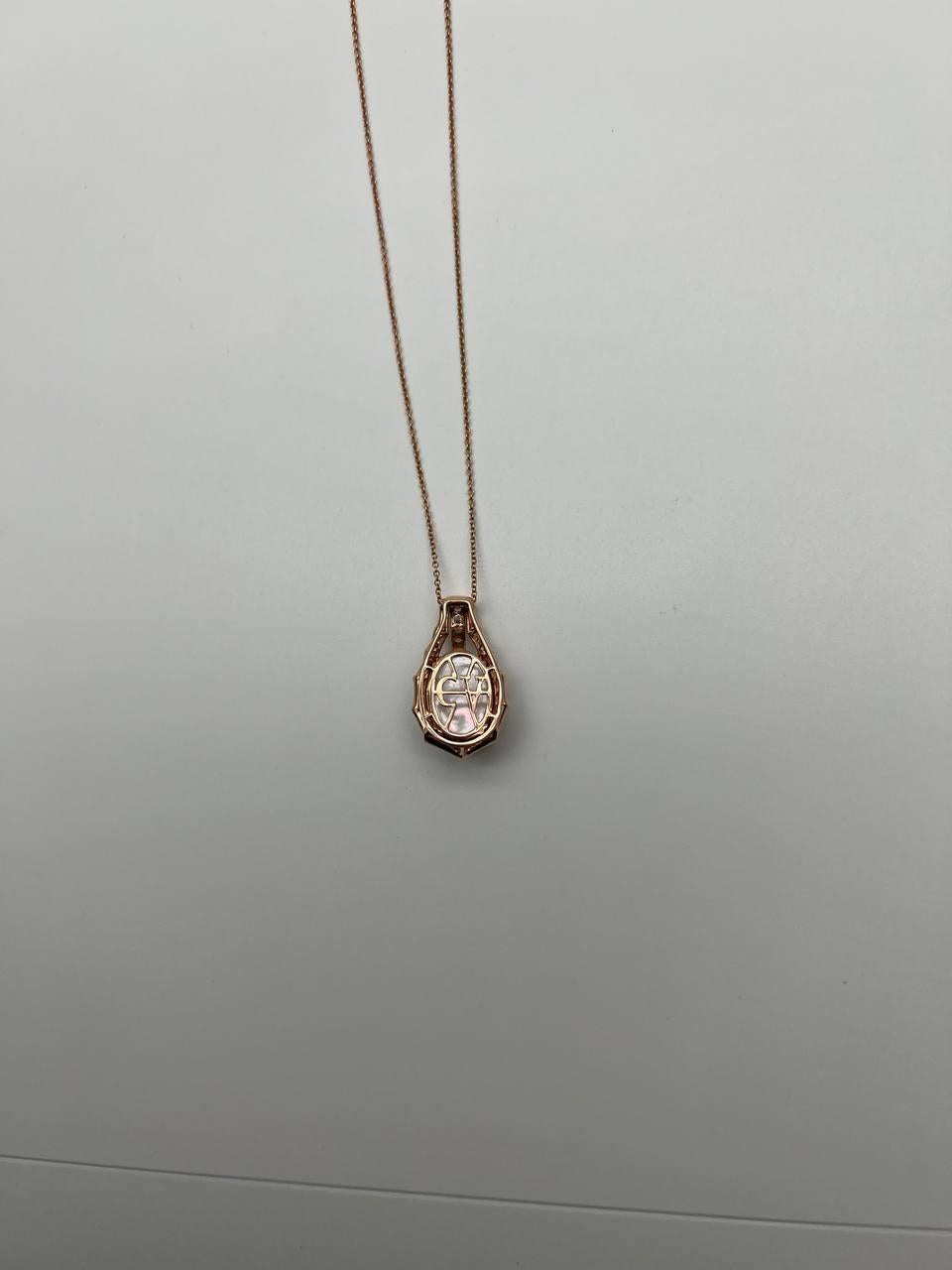 White Mother of Pearl Diamond Bamboo Detail 14K Rose Gold Pendant Chain Necklace