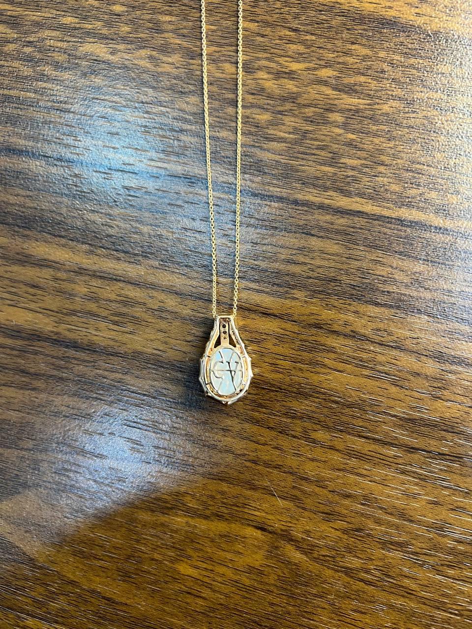 White Mother of Pearl Diamond Bamboo Detail 14K Rose Gold Pendant Chain Necklace