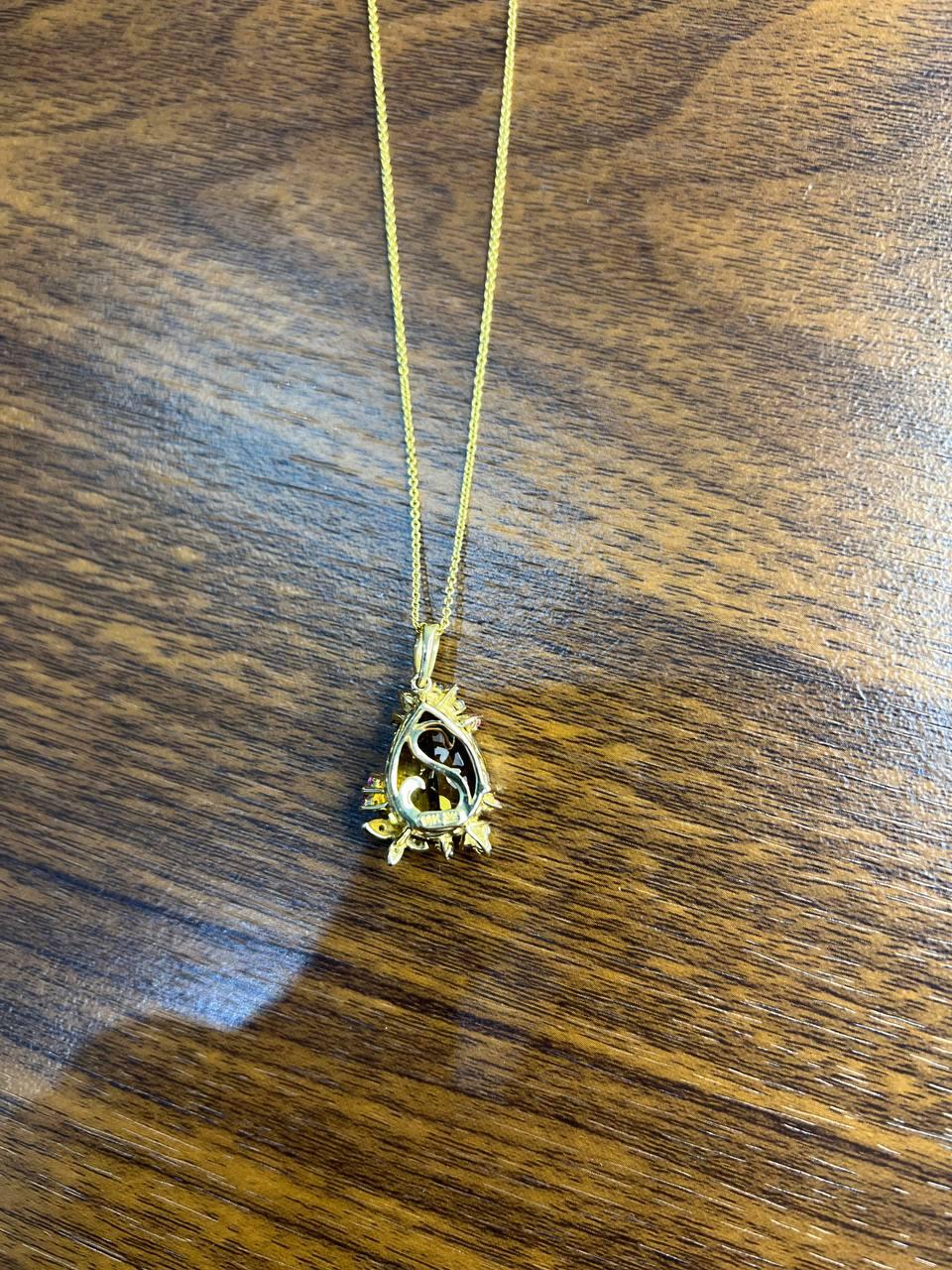 Dark Orange Citrine Tear Drop Shape Diamond Gemstone 14K Gold Pendant Necklace