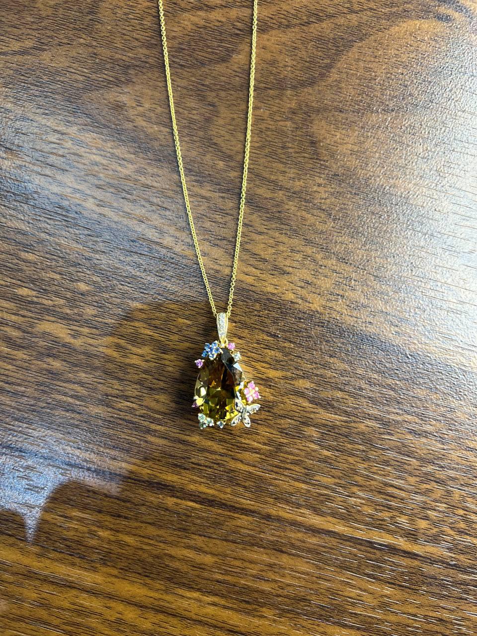 Dark Orange Citrine Tear Drop Shape Diamond Gemstone 14K Gold Pendant Necklace