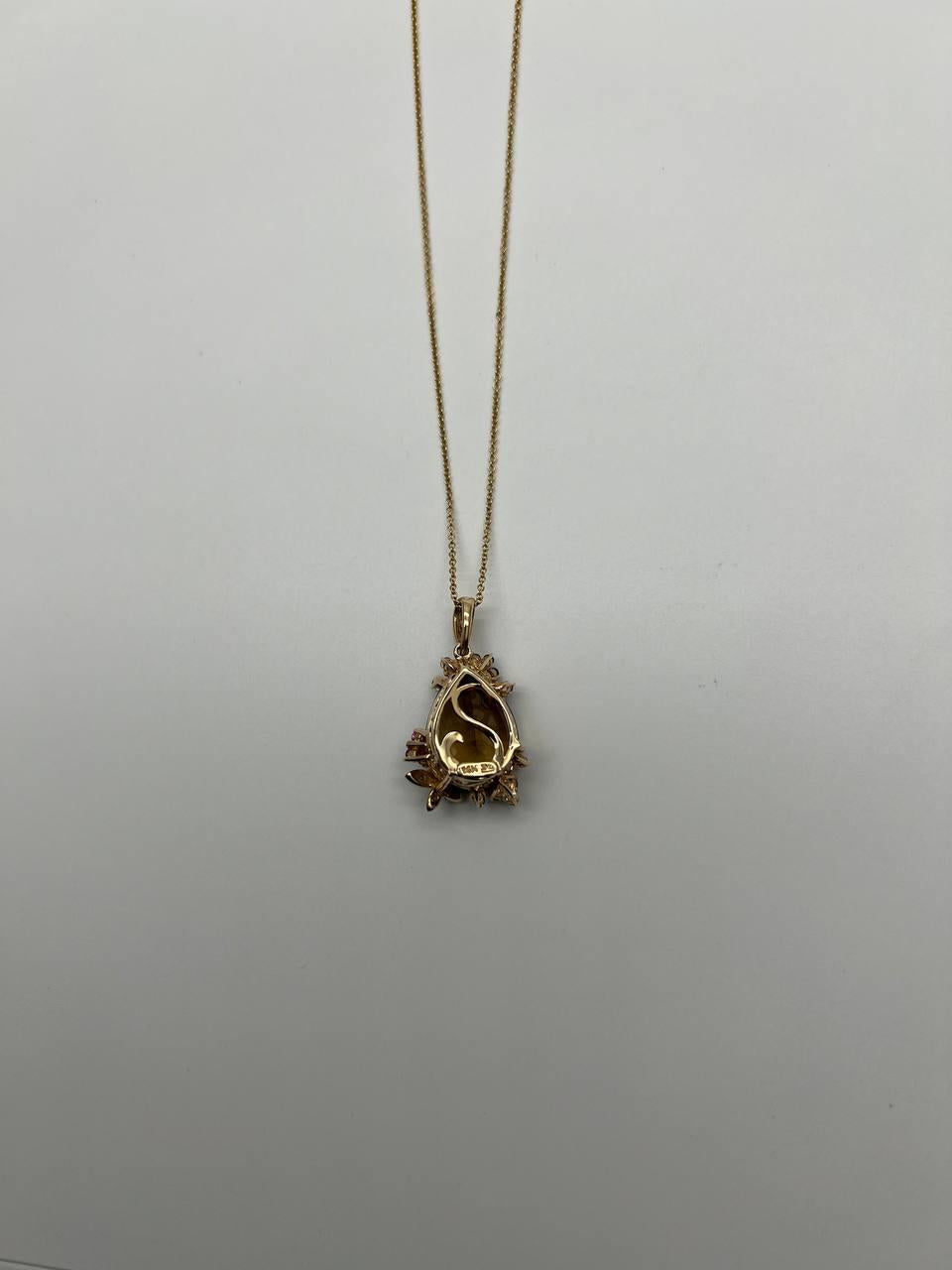 Dark Orange Citrine Tear Drop Shape Diamond Gemstone 14K Gold Pendant Necklace