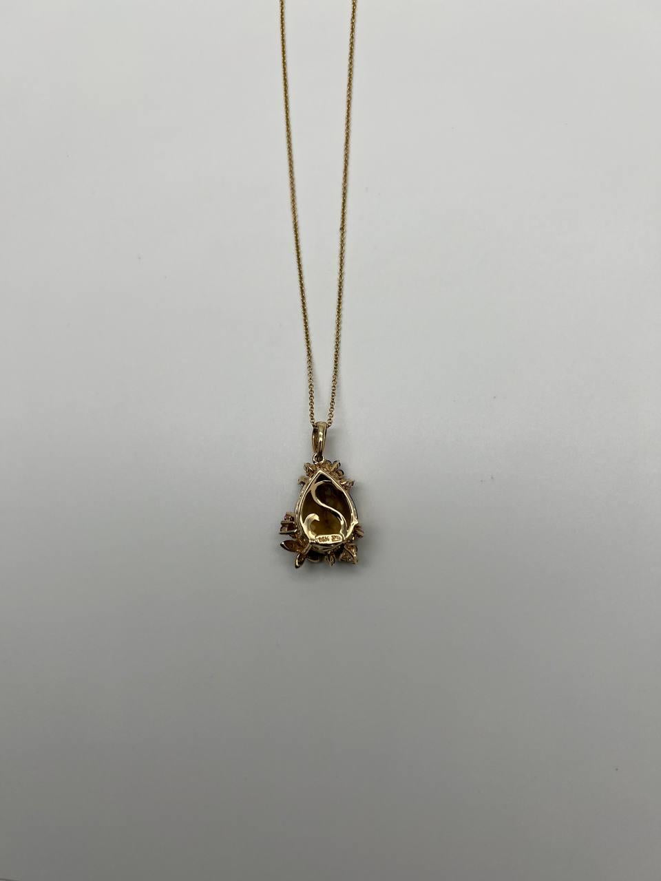 Dark Orange Citrine Tear Drop Shape Diamond Gemstone 14K Gold Pendant Necklace