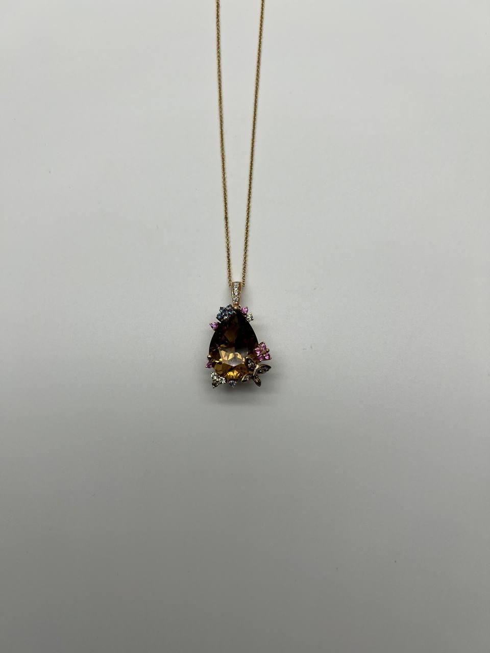 Dark Orange Citrine Tear Drop Shape Diamond Gemstone 14K Gold Pendant Necklace