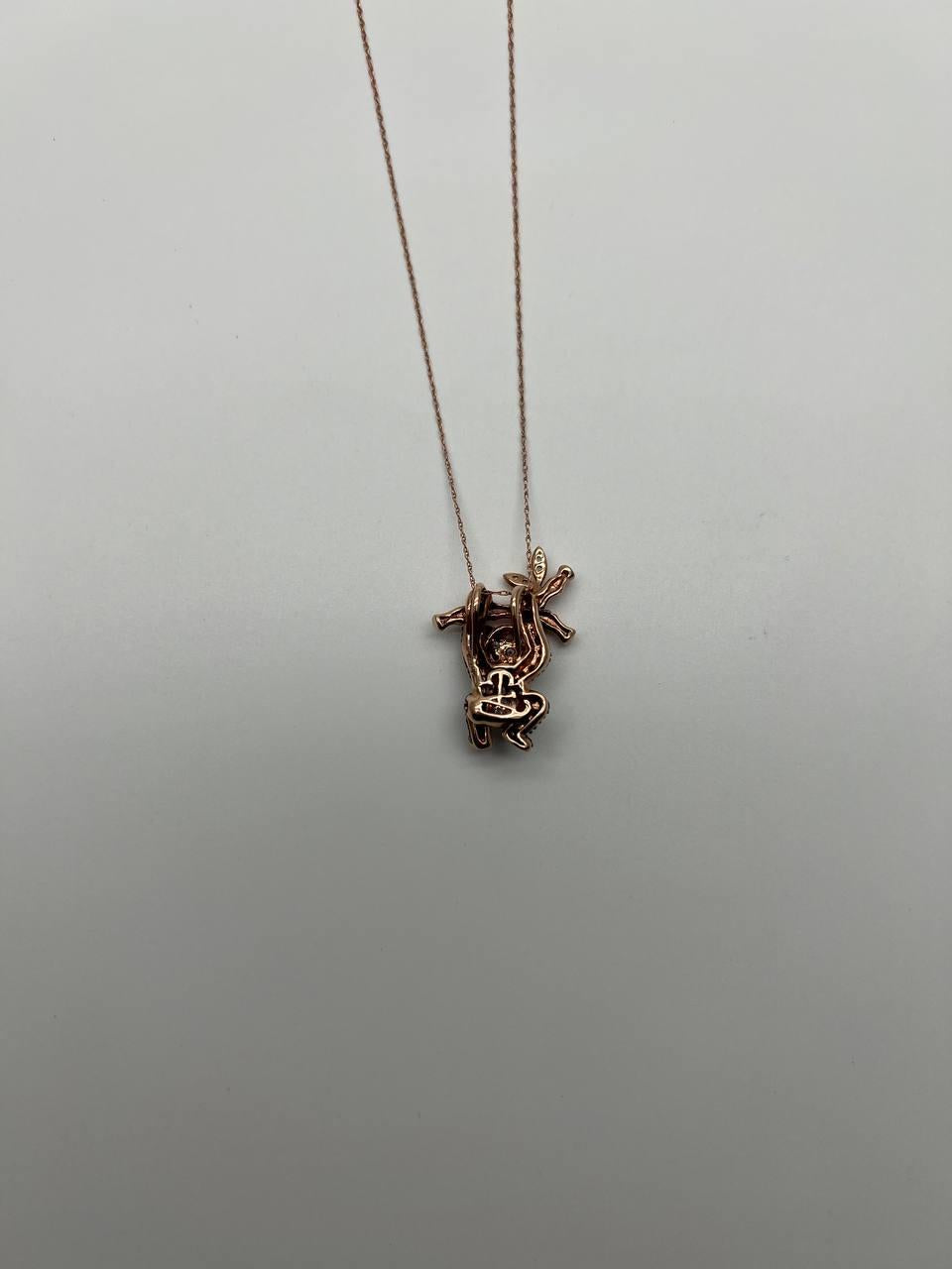 Panda Bear Bamboo Tree Leaf White Black Diamonds Pave 14K Gold Pendant Necklace