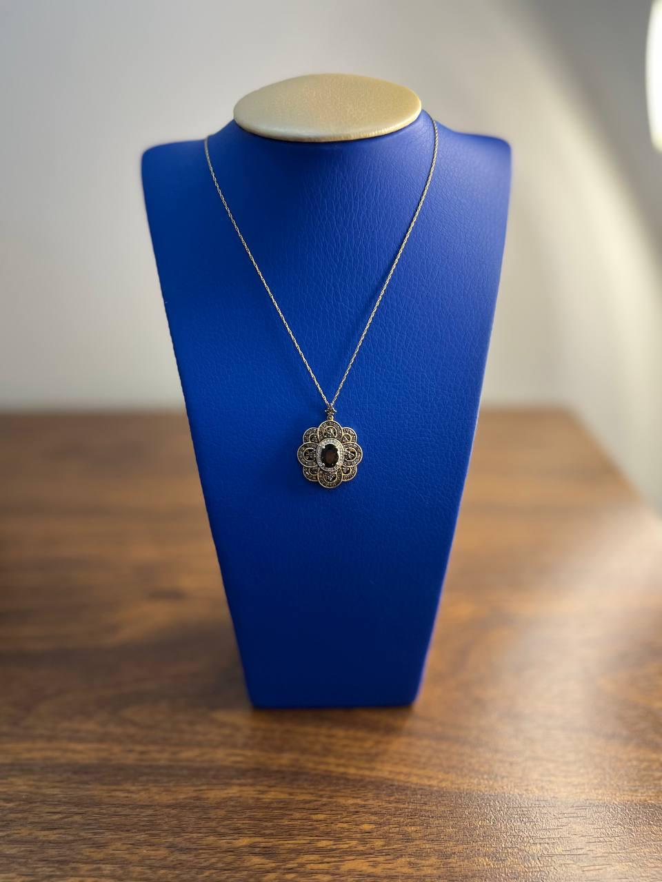 Onyx Champagne Brown Cognac Diamond Halo Floral Petal 14K Gold Pendant Necklace