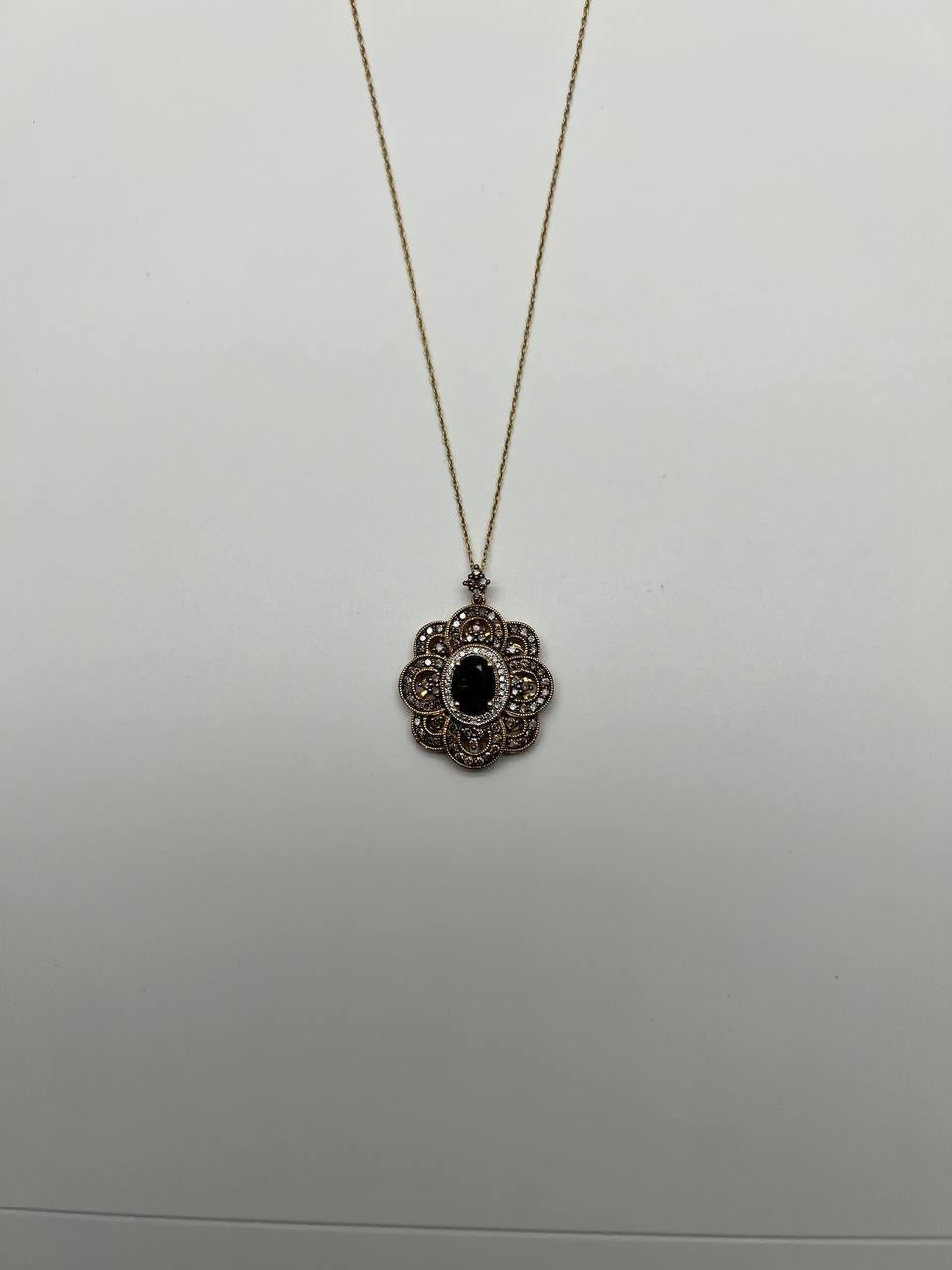 Onyx Champagne Brown Cognac Diamond Halo Floral Petal 14K Gold Pendant Necklace
