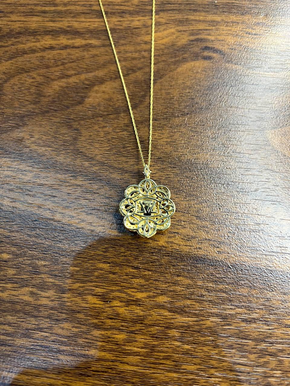 Onyx Champagne Brown Cognac Diamond Halo Floral Petal 14K Gold Pendant Necklace