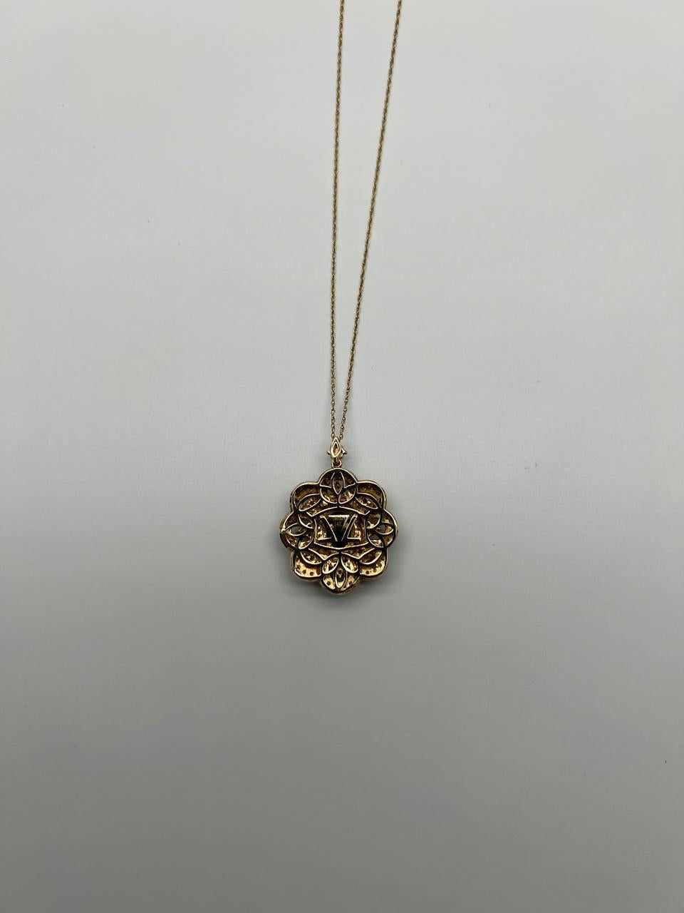 Onyx Champagne Brown Cognac Diamond Halo Floral Petal 14K Gold Pendant Necklace