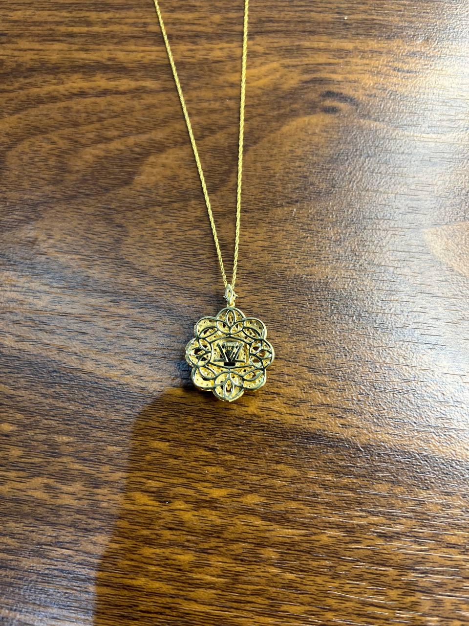 Onyx Champagne Brown Cognac Diamond Halo Floral Petal 14K Gold Pendant Necklace