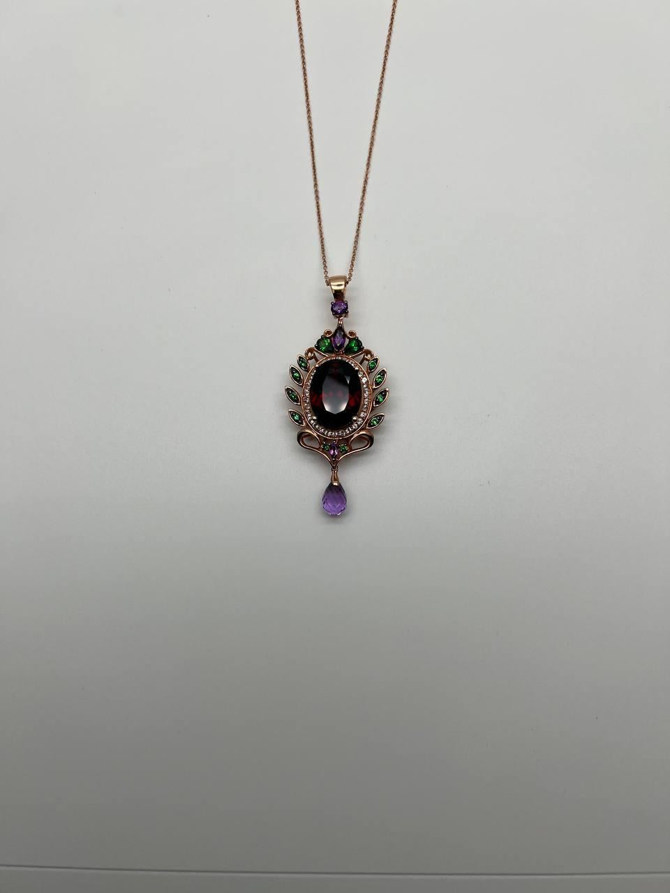 Dark Red Garnet Green Tsavorite Purple Amethyst Gold Diamonds Pendant Necklace