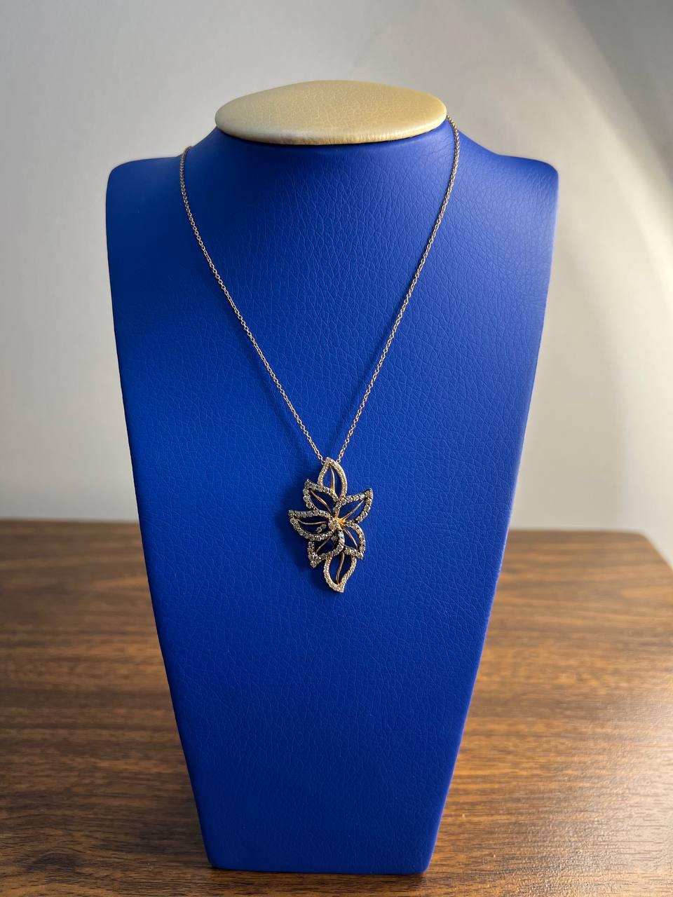 Gold Floral Leaf White Champagne Diamond Statement 14K Gold Pendant Necklace