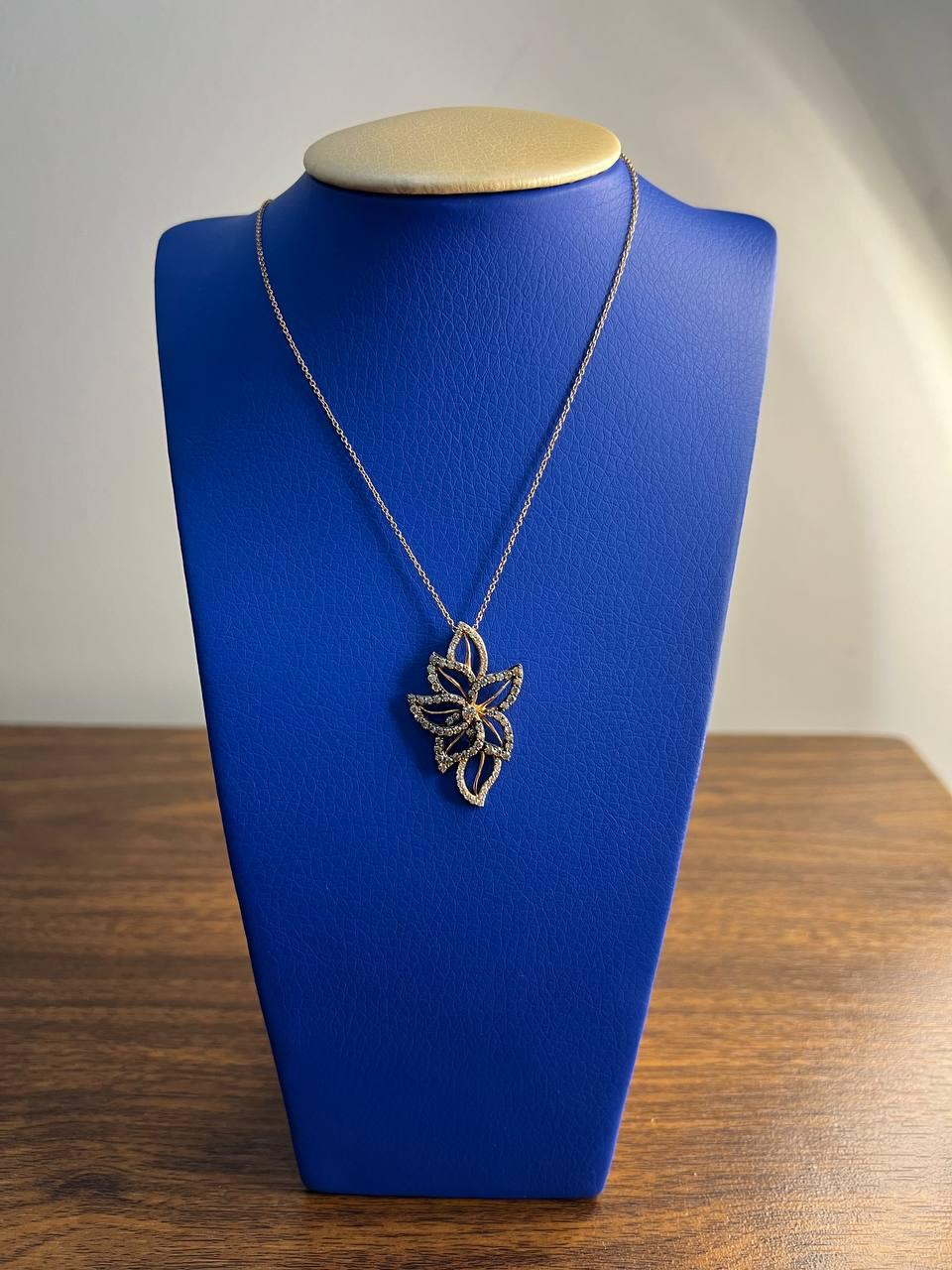 Gold Floral Leaf White Champagne Diamond Statement 14K Gold Pendant Necklace