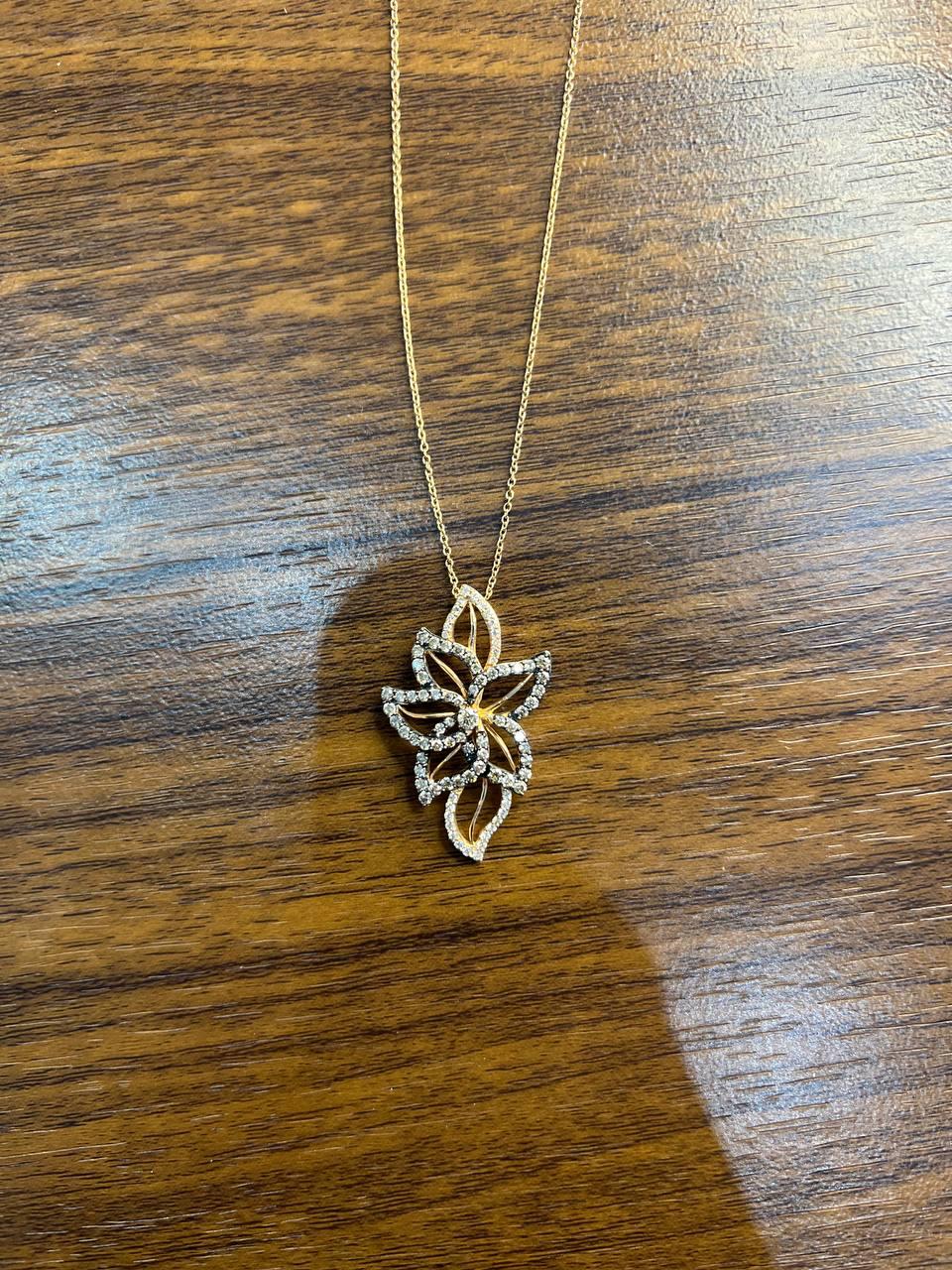 Gold Floral Leaf White Champagne Diamond Statement 14K Gold Pendant Necklace