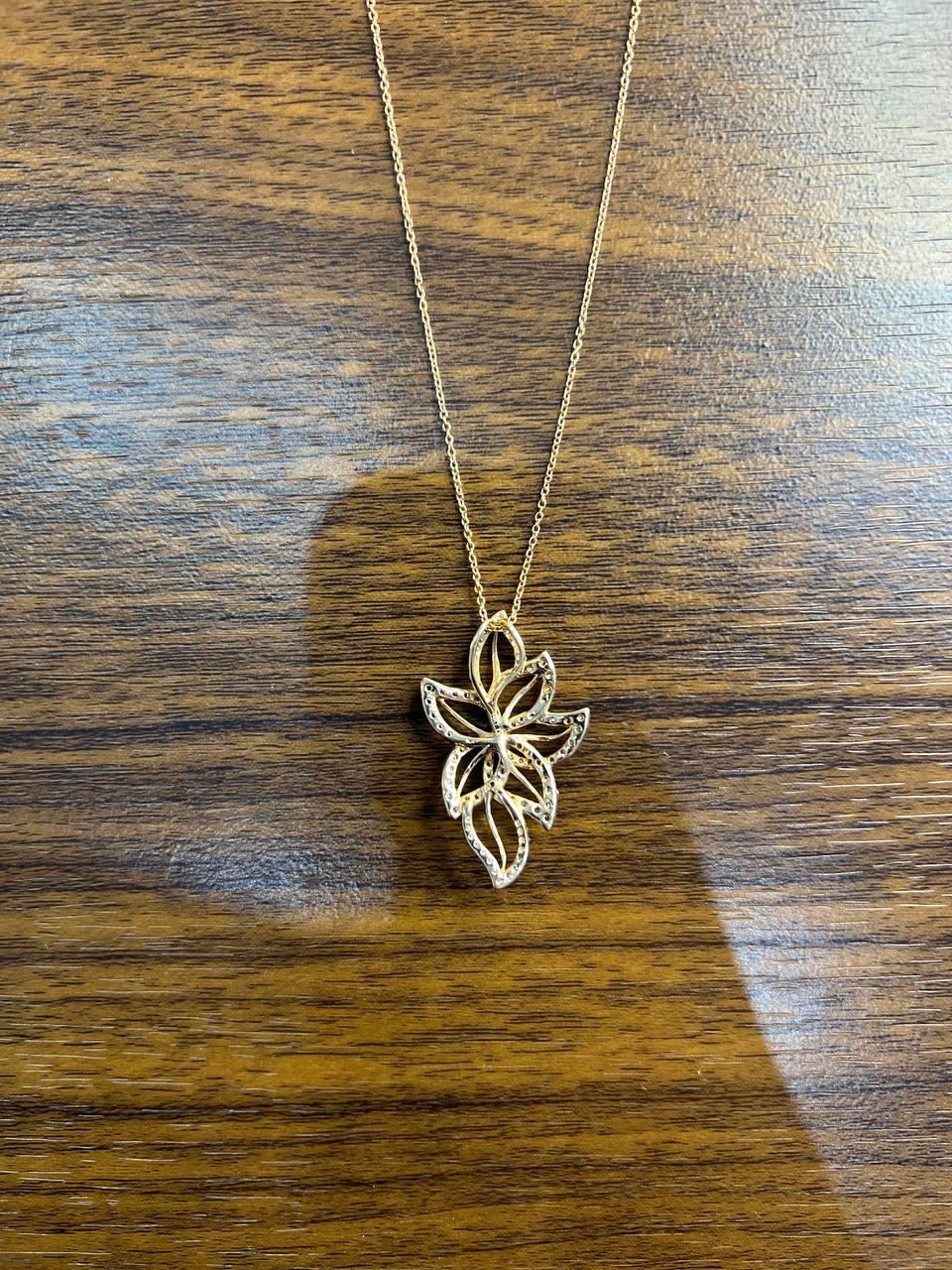 Gold Floral Leaf White Champagne Diamond Statement 14K Gold Pendant Necklace