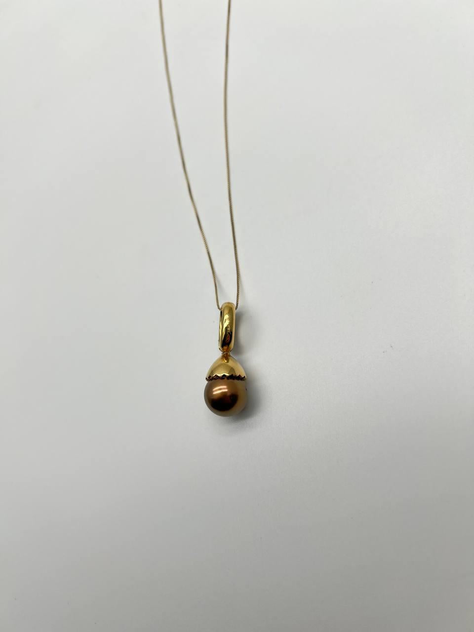 Dark Black Brown Pearl Champagne Cognac Diamond Pave 14K Gold Pendant Necklace