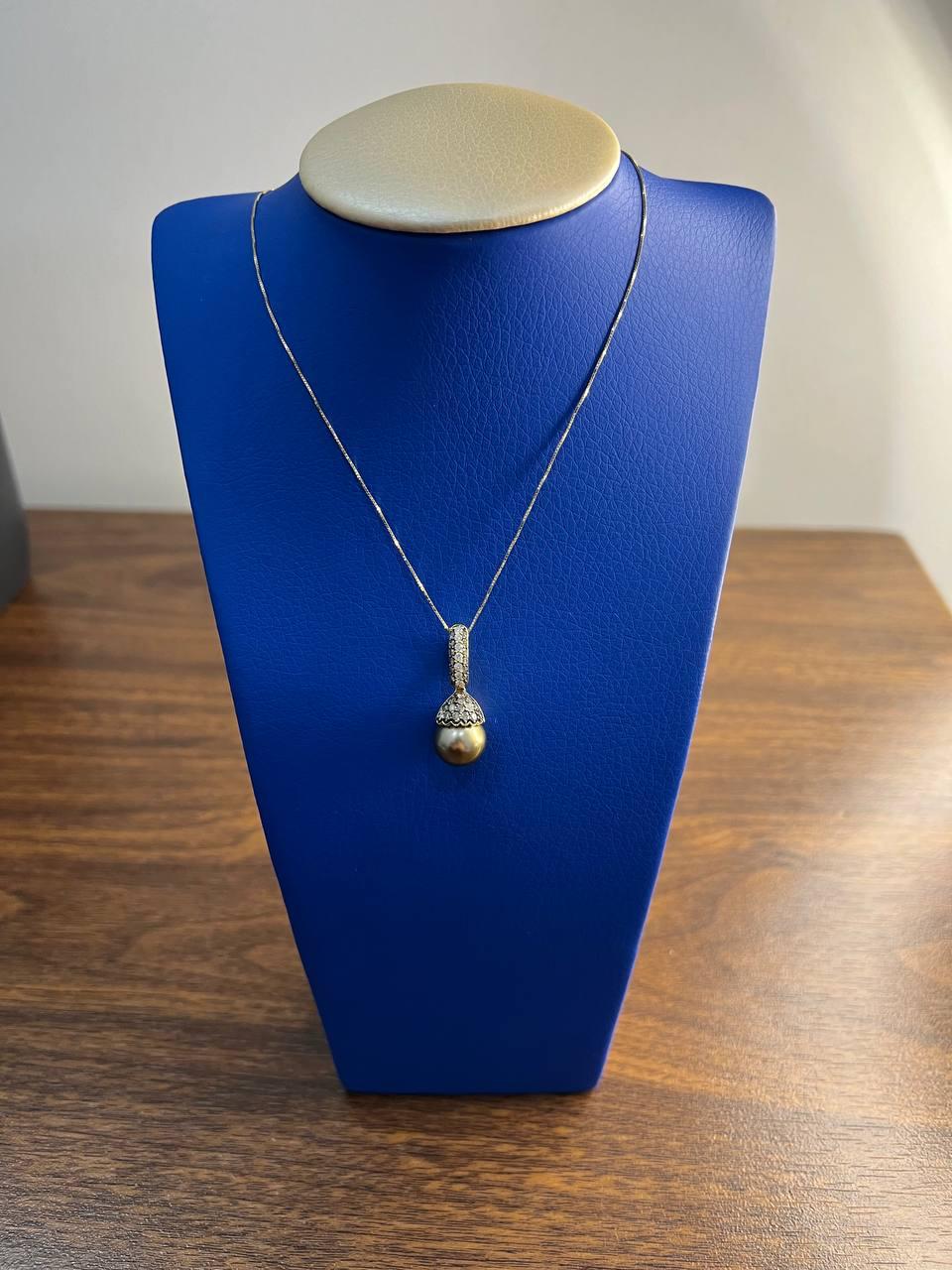 Dark Black Brown Pearl Champagne Cognac Diamond Pave 14K Gold Pendant Necklace