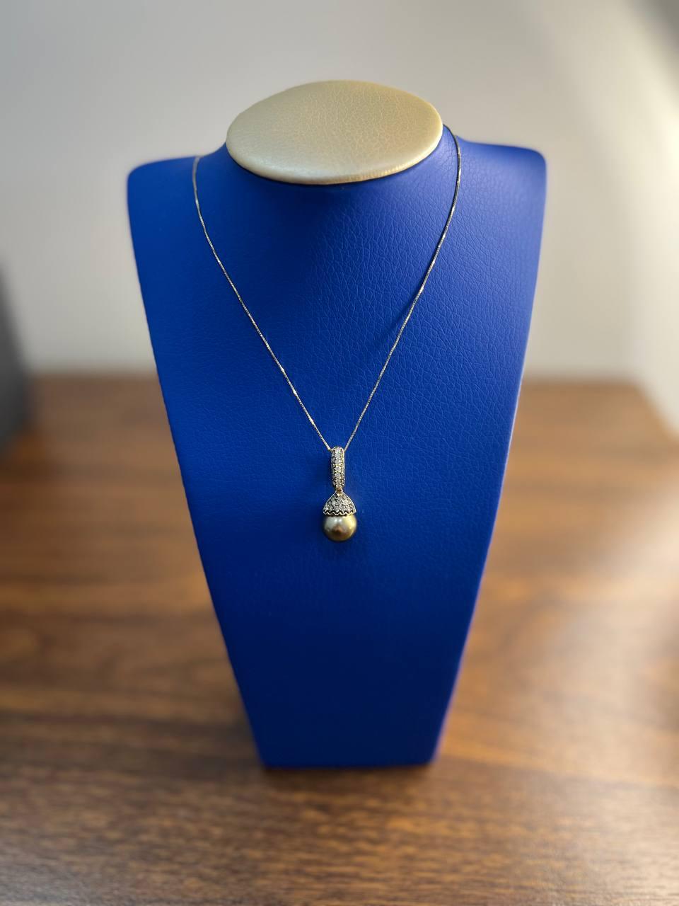 Dark Black Brown Pearl Champagne Cognac Diamond Pave 14K Gold Pendant Necklace