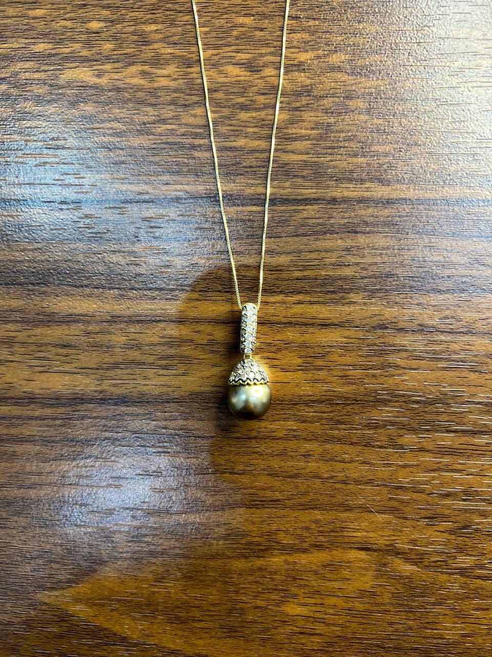 Dark Black Brown Pearl Champagne Cognac Diamond Pave 14K Gold Pendant Necklace