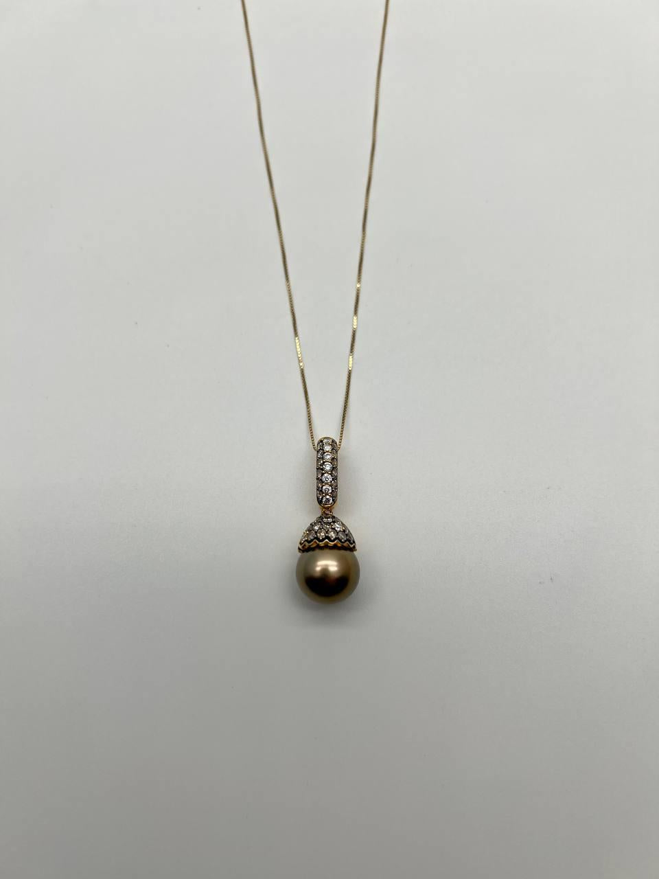 Dark Black Brown Pearl Champagne Cognac Diamond Pave 14K Gold Pendant Necklace