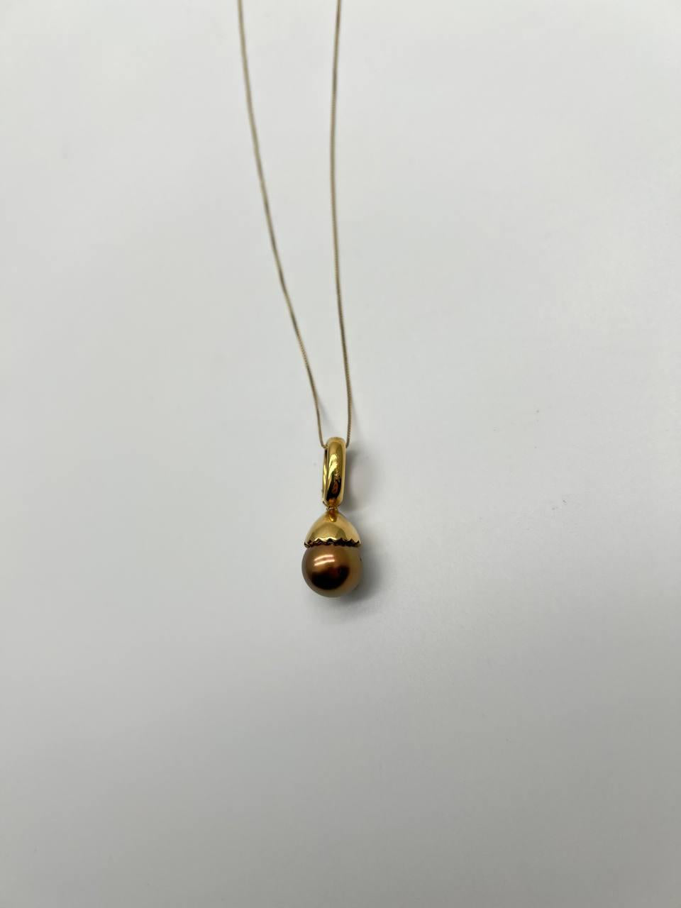 Dark Black Brown Pearl Champagne Cognac Diamond Pave 14K Gold Pendant Necklace