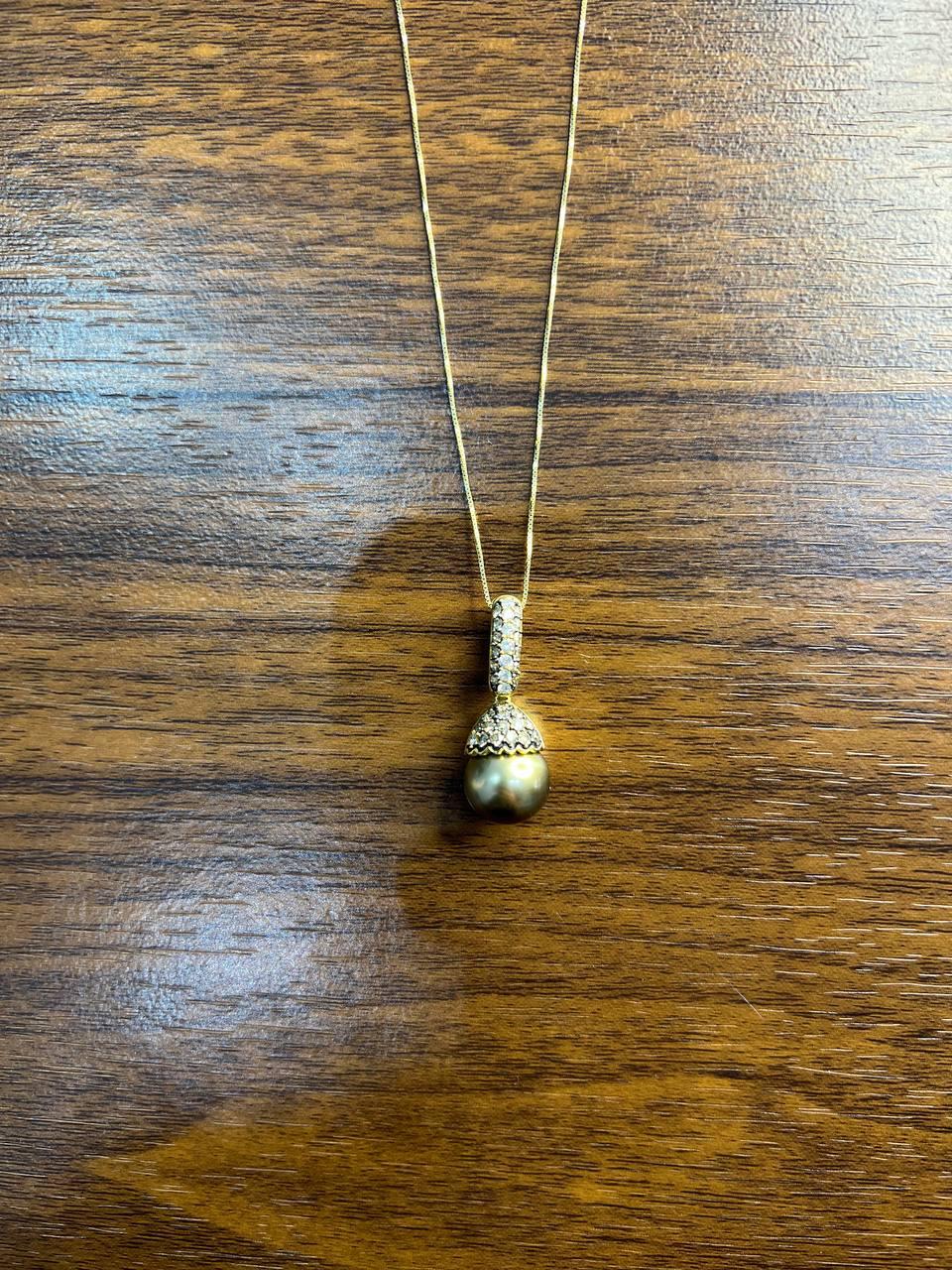 Dark Black Brown Pearl Champagne Cognac Diamond Pave 14K Gold Pendant Necklace