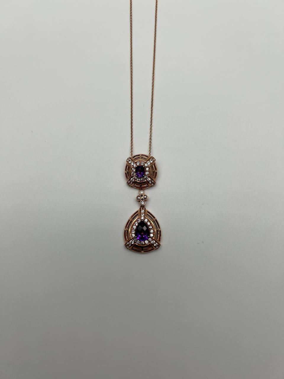 Fancy Violet Amethyst Diamond Halo 14K Rose Gold Fancy Drop Pendant Necklace