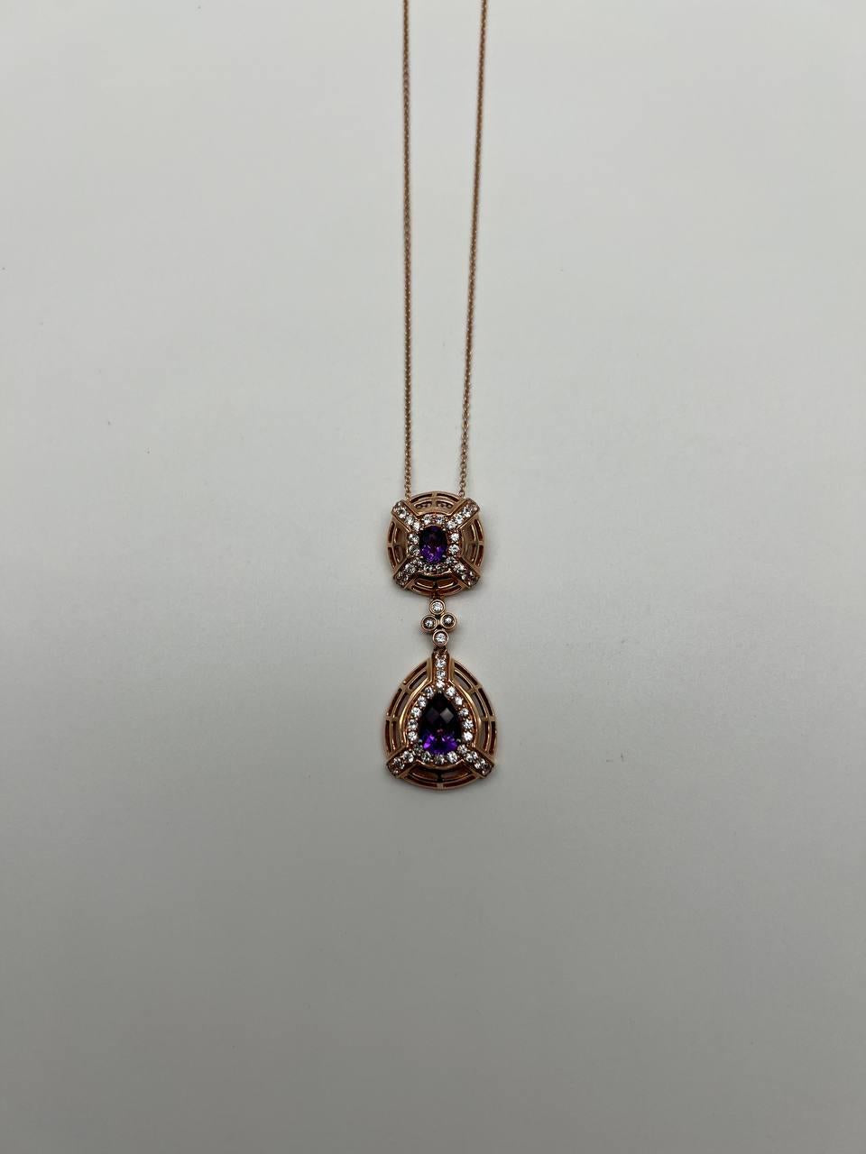 Fancy Violet Amethyst Diamond Halo 14K Rose Gold Fancy Drop Pendant Necklace