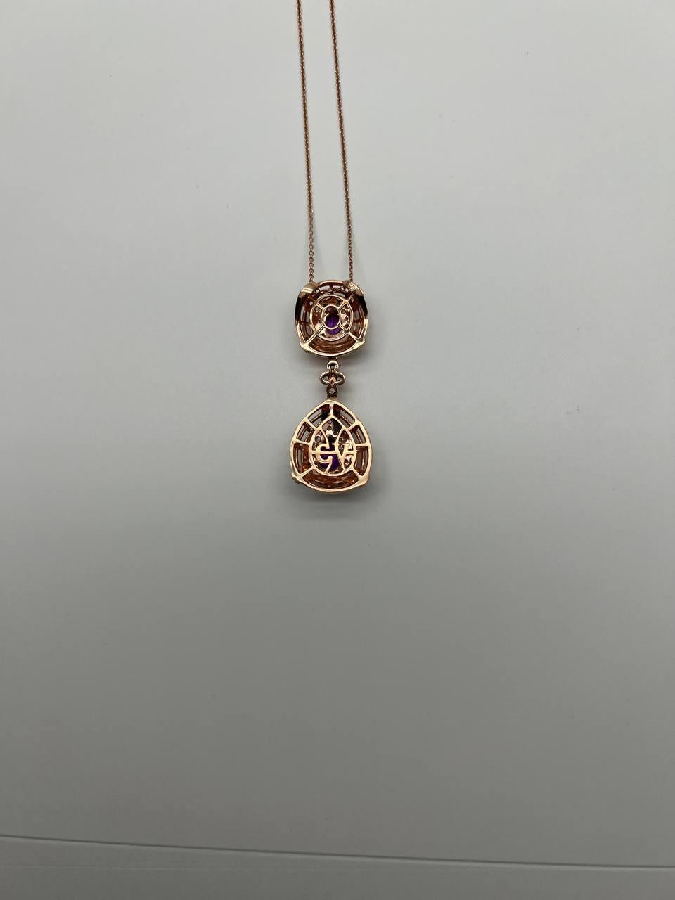 Fancy Violet Amethyst Diamond Halo 14K Rose Gold Fancy Drop Pendant Necklace