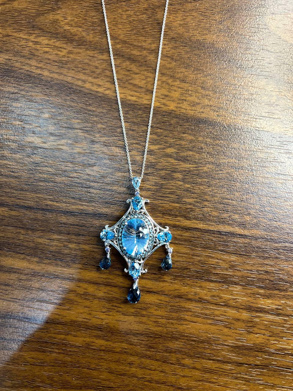 Fancy Blue Topaz White Diamond Halo 14K White Gold Chandelier Pendant Necklace