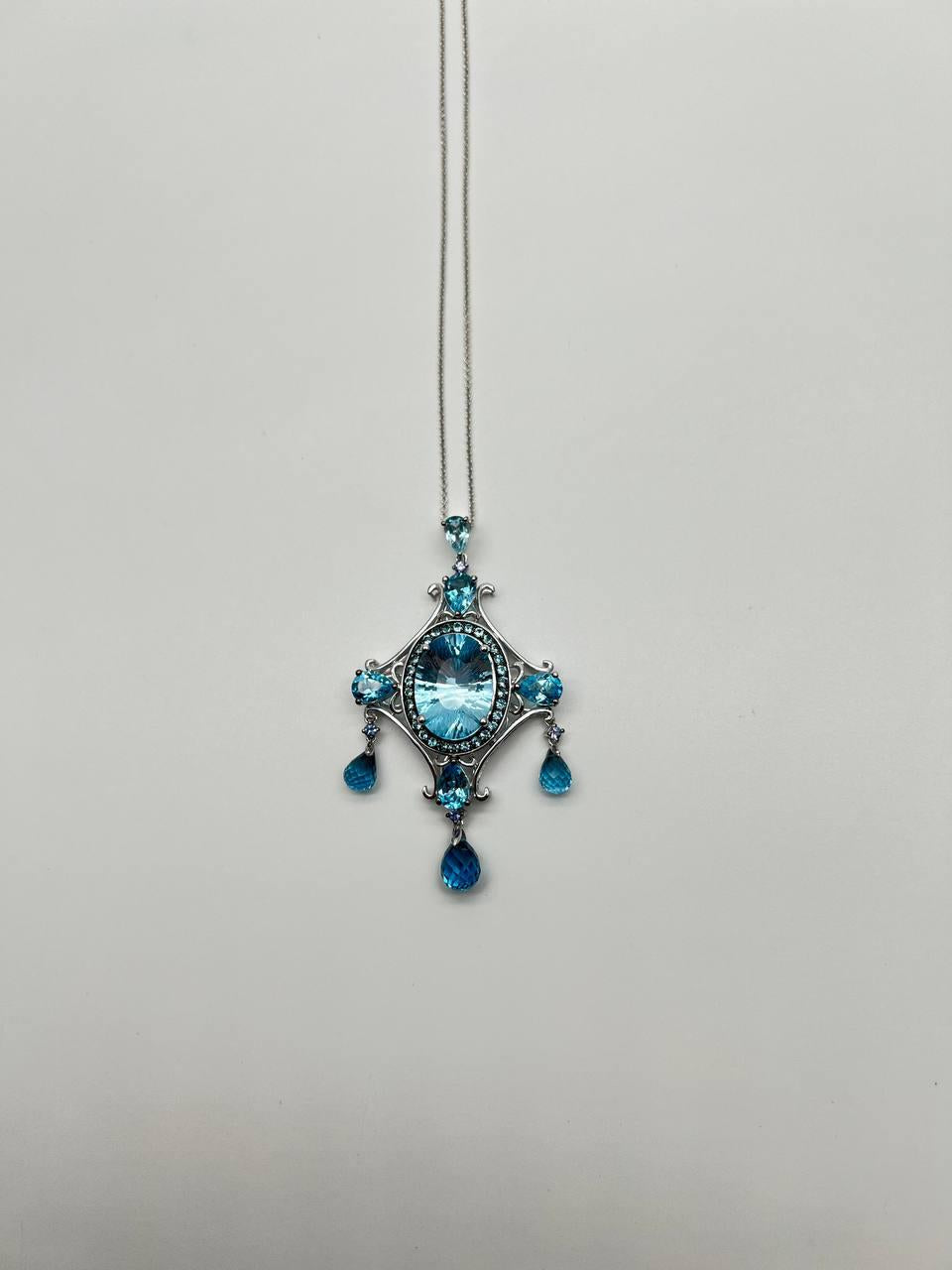 Fancy Blue Topaz White Diamond Halo 14K White Gold Chandelier Pendant Necklace