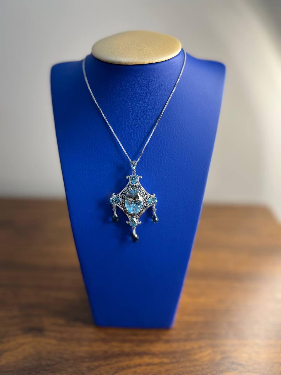 Fancy Blue Topaz White Diamond Halo 14K White Gold Chandelier Pendant Necklace