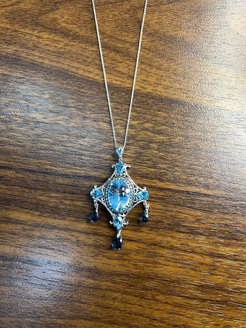 Fancy Blue Topaz White Diamond Halo 14K White Gold Chandelier Pendant Necklace