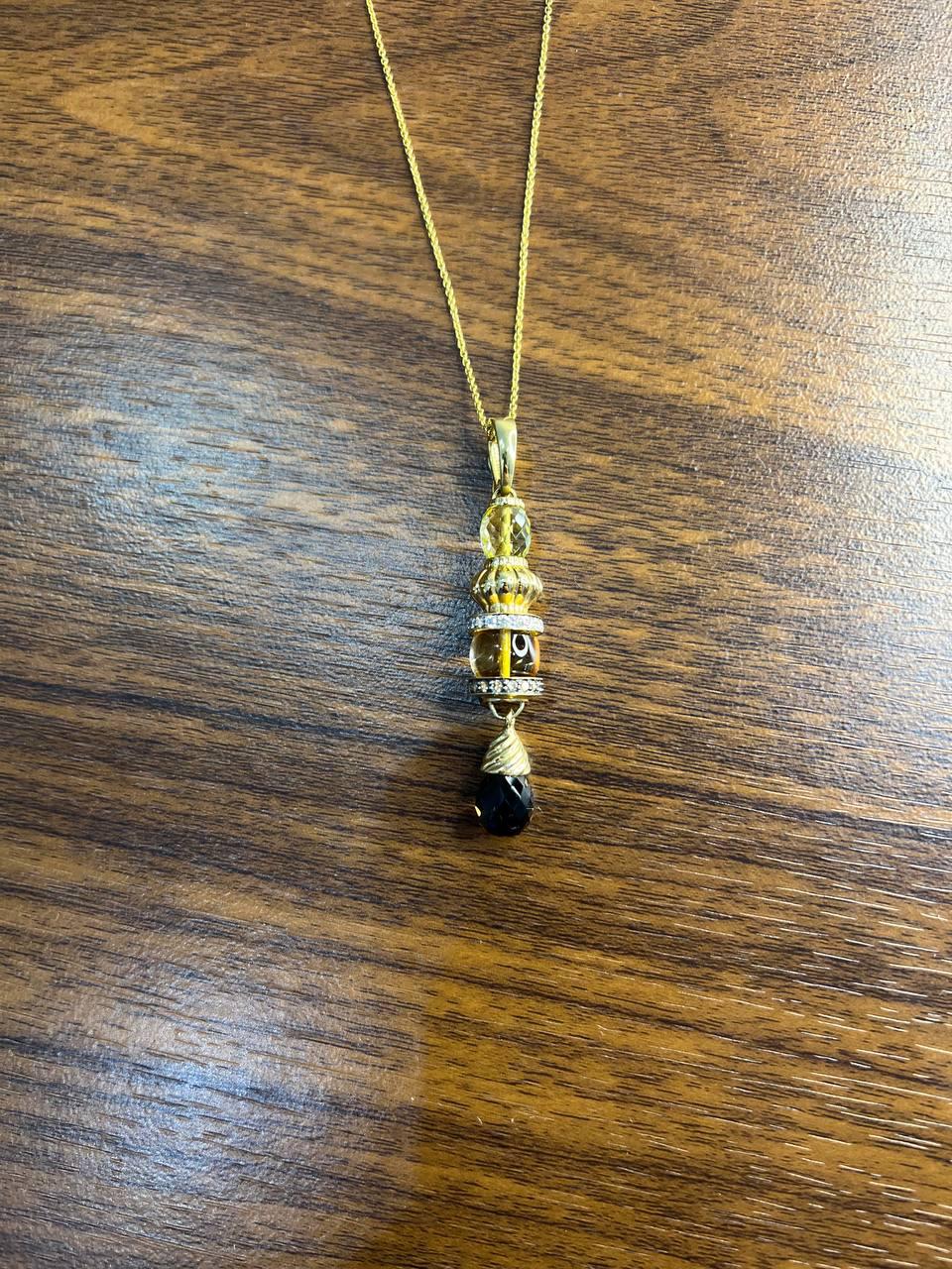 Smoky Brown Yellow Quartz Orange Citrine 14K Gold Diamonds Pendant Necklace