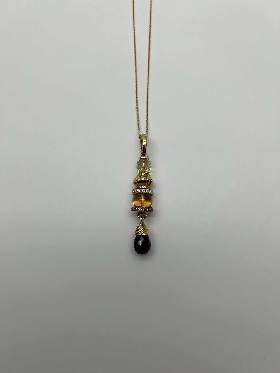 Smoky Brown Yellow Quartz Orange Citrine 14K Gold Diamonds Pendant Necklace