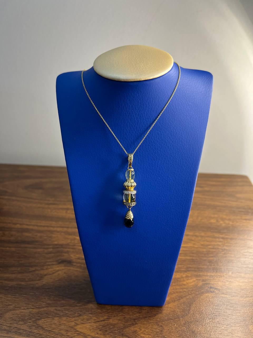 Smoky Brown Yellow Quartz Orange Citrine 14K Gold Diamonds Pendant Necklace