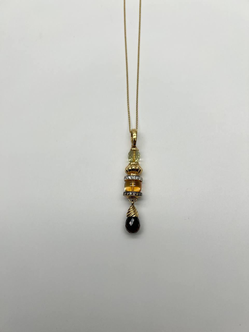 Smoky Brown Yellow Quartz Orange Citrine 14K Gold Diamonds Pendant Necklace