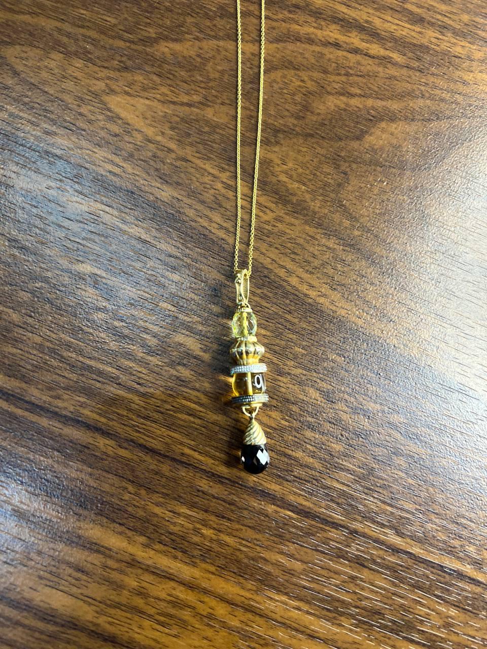 Smoky Brown Yellow Quartz Orange Citrine 14K Gold Diamonds Pendant Necklace